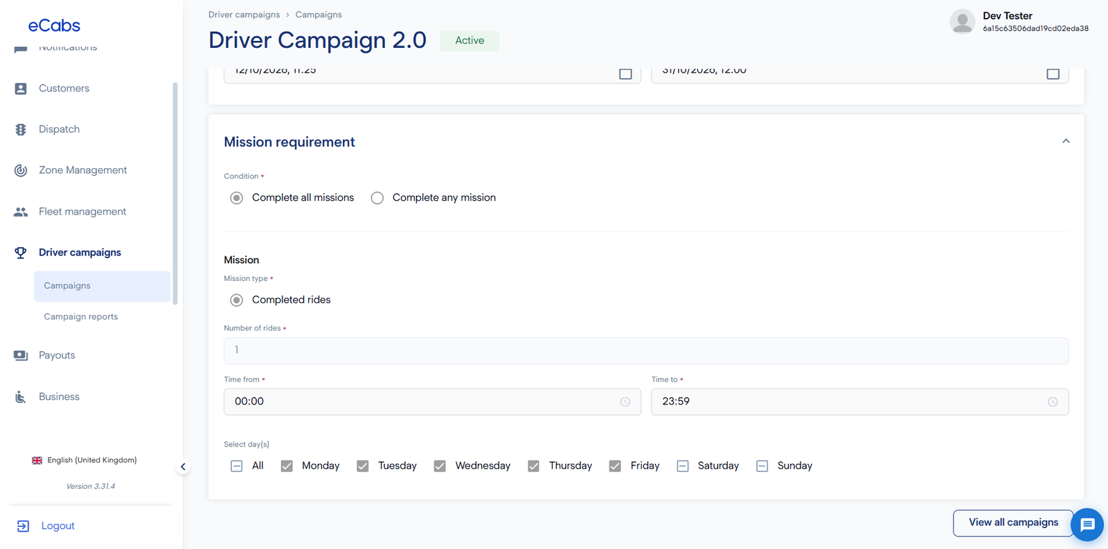 Driver Campaign Tool in the dashboard: mission requirements, completed rides and active days