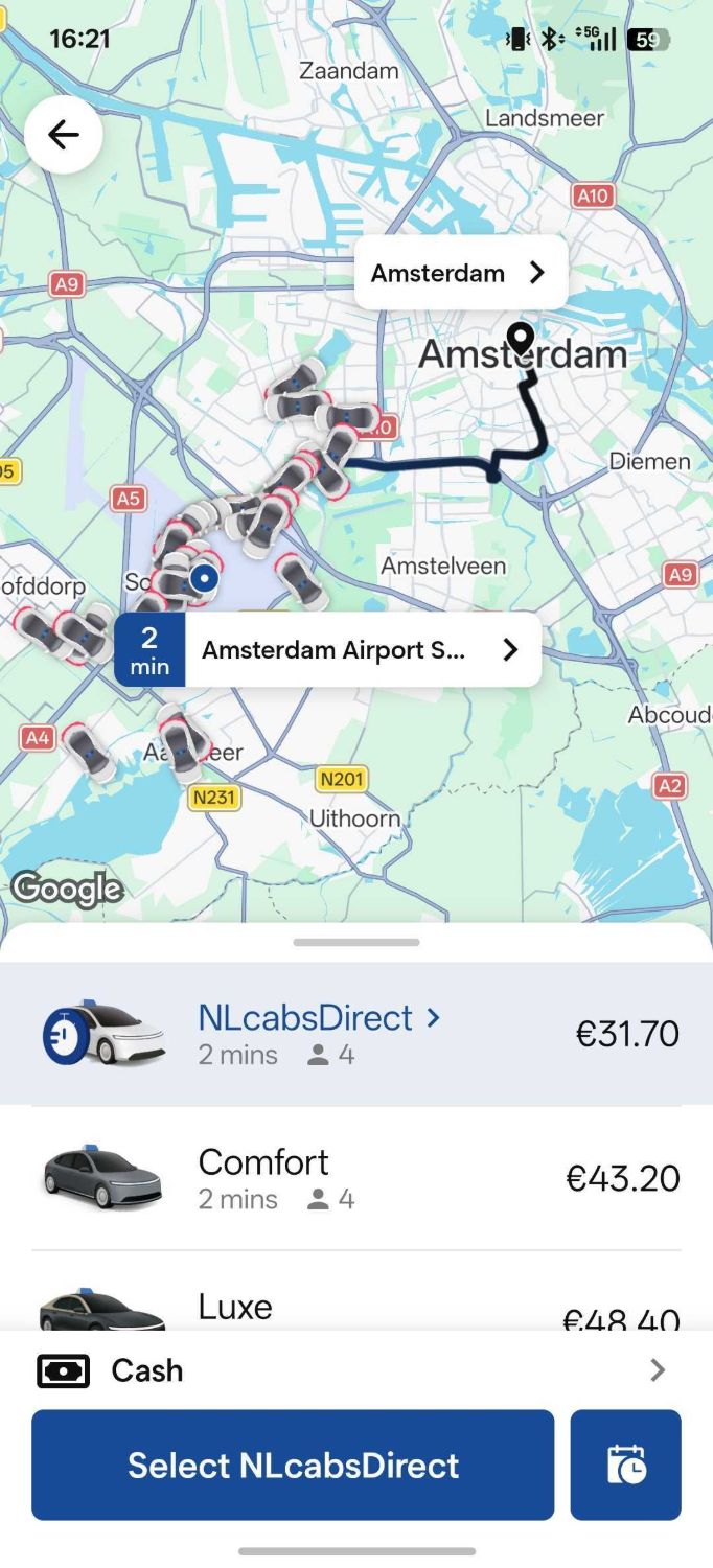 NLCabs passenger app: route from Amsterdam Airport Schiphol to Amsterdam with nearby cars and prices for NLcabsDirect, Comfort and Luxe