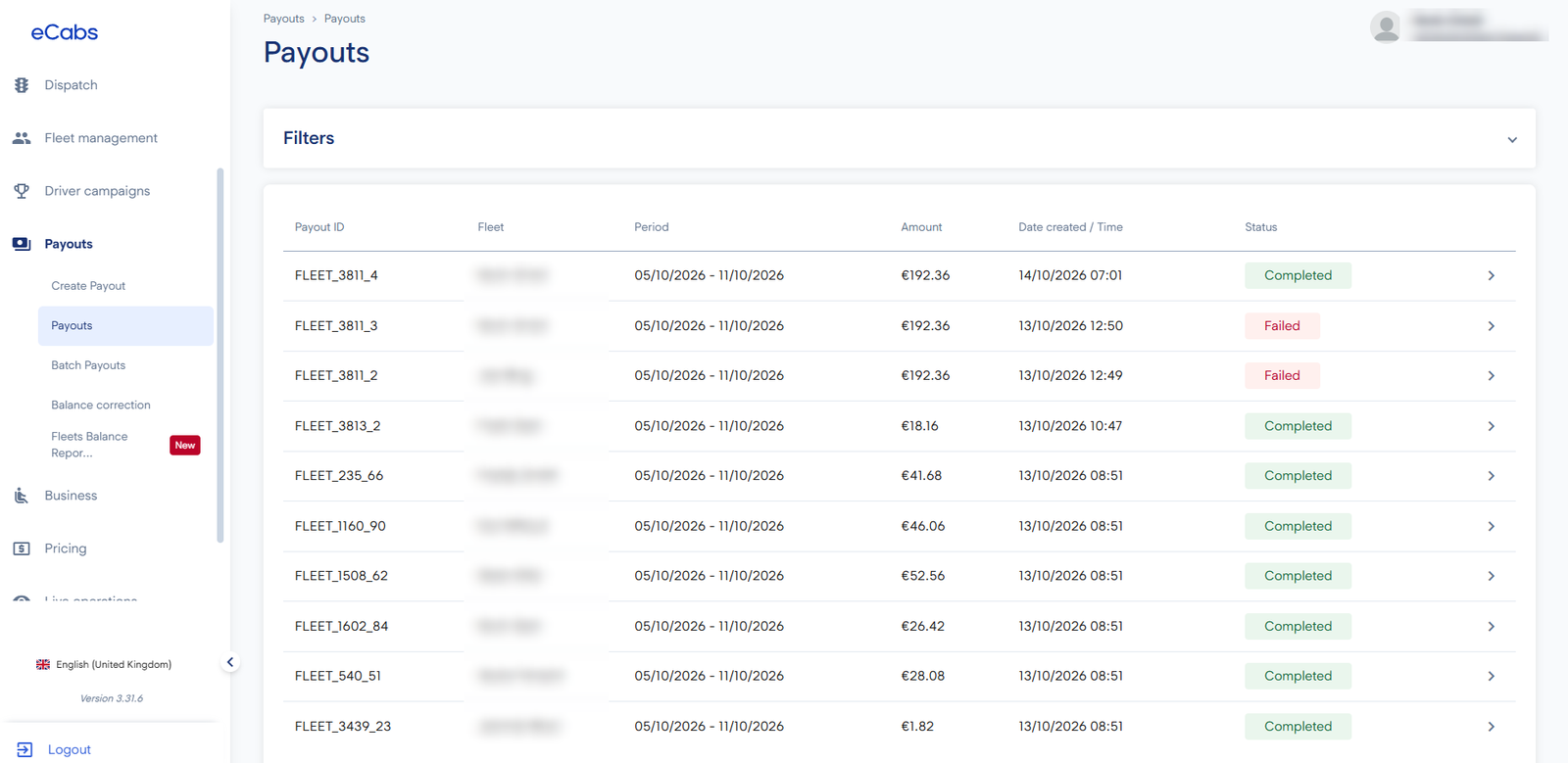 Fleet payouts list with period, amount and status for each payout