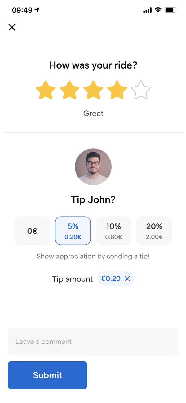 Passenger app rating screen with a tip for the driver