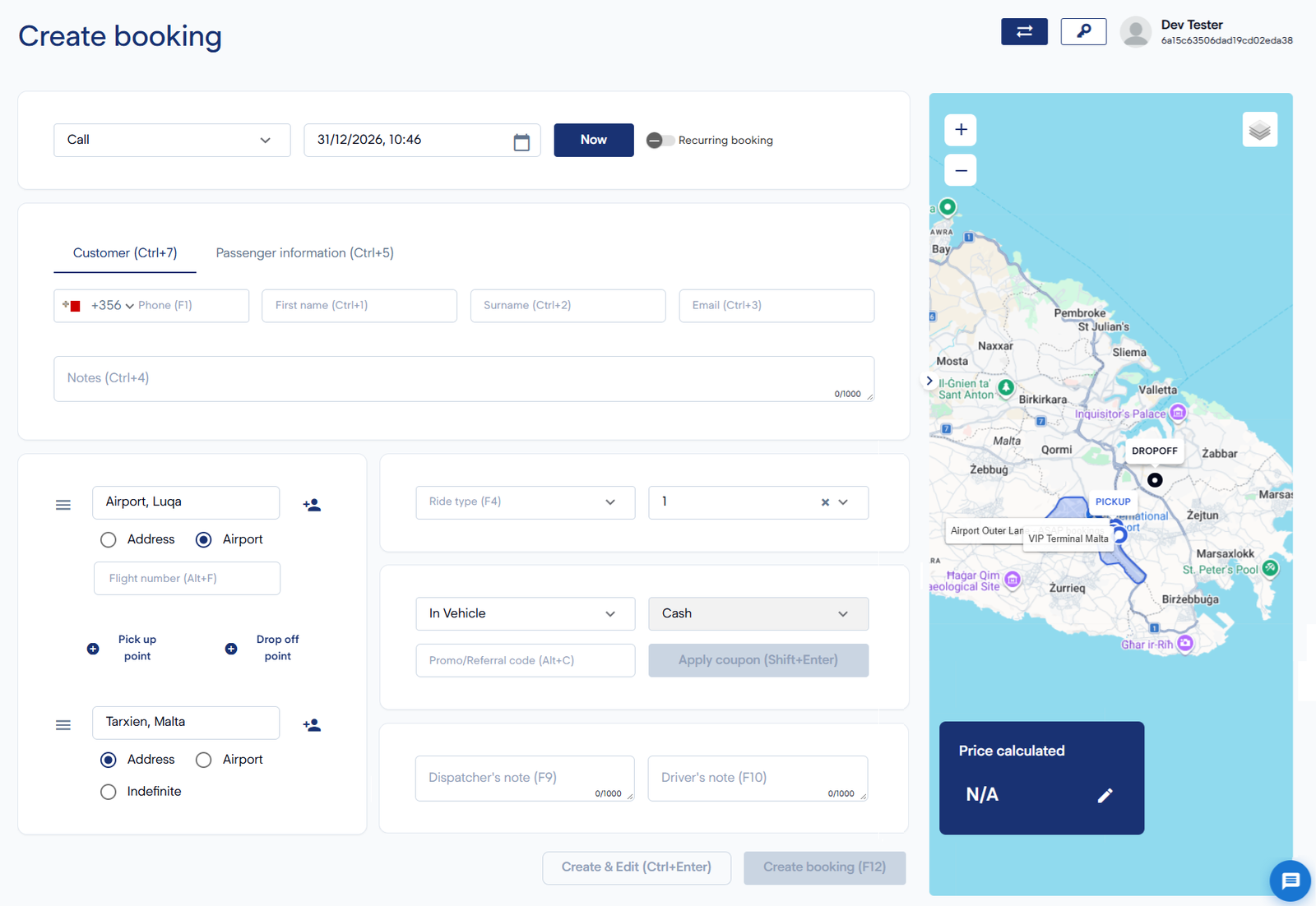 Keyboard-first booking screen for call-centre agents with route, price and customer details