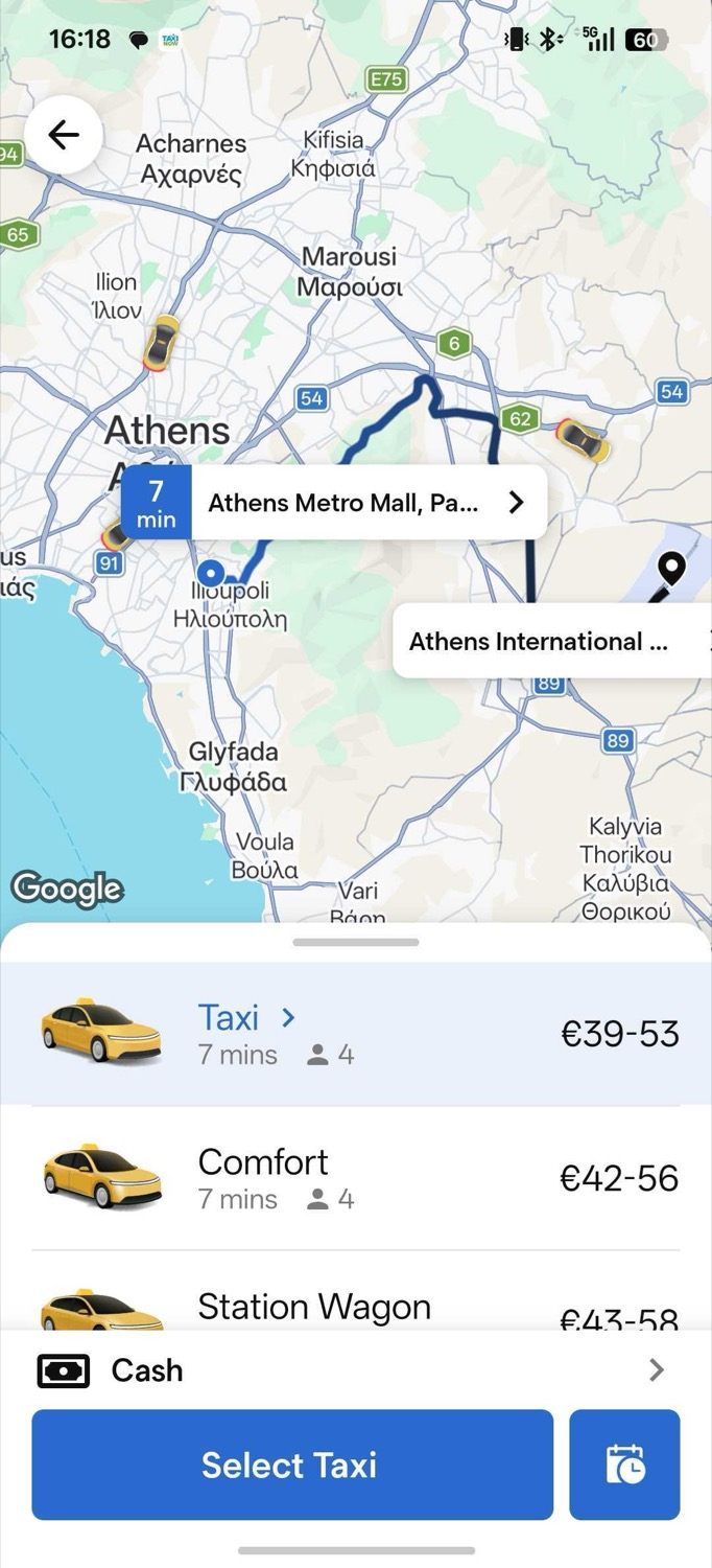 Taxi.gr passenger app in Athens: route to Athens International Airport with fare ranges for Taxi, Comfort and Station Wagon, and cash selected